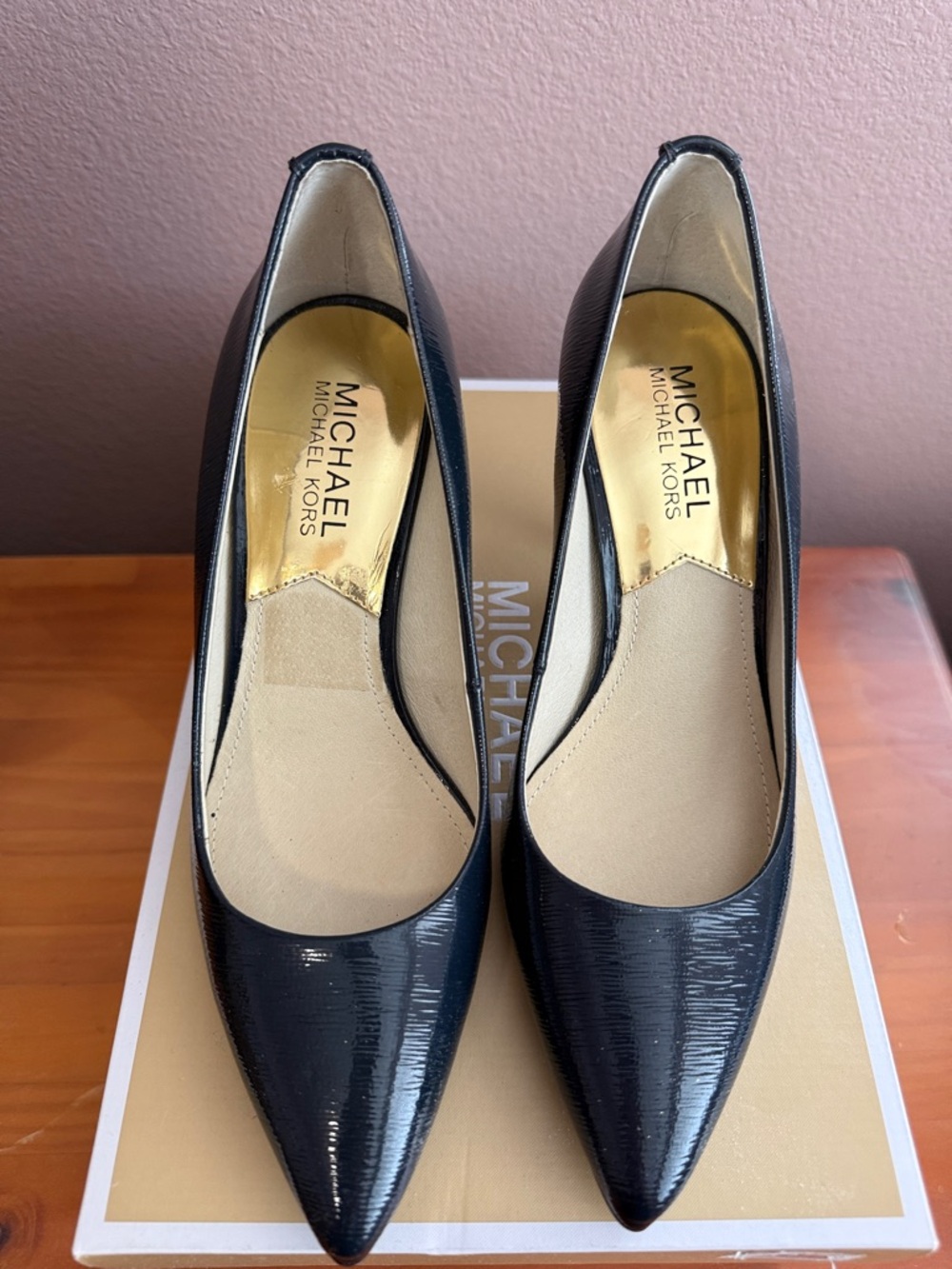 Michael Kors Black Patent Pointed Toe Pumps with Gold Insole
